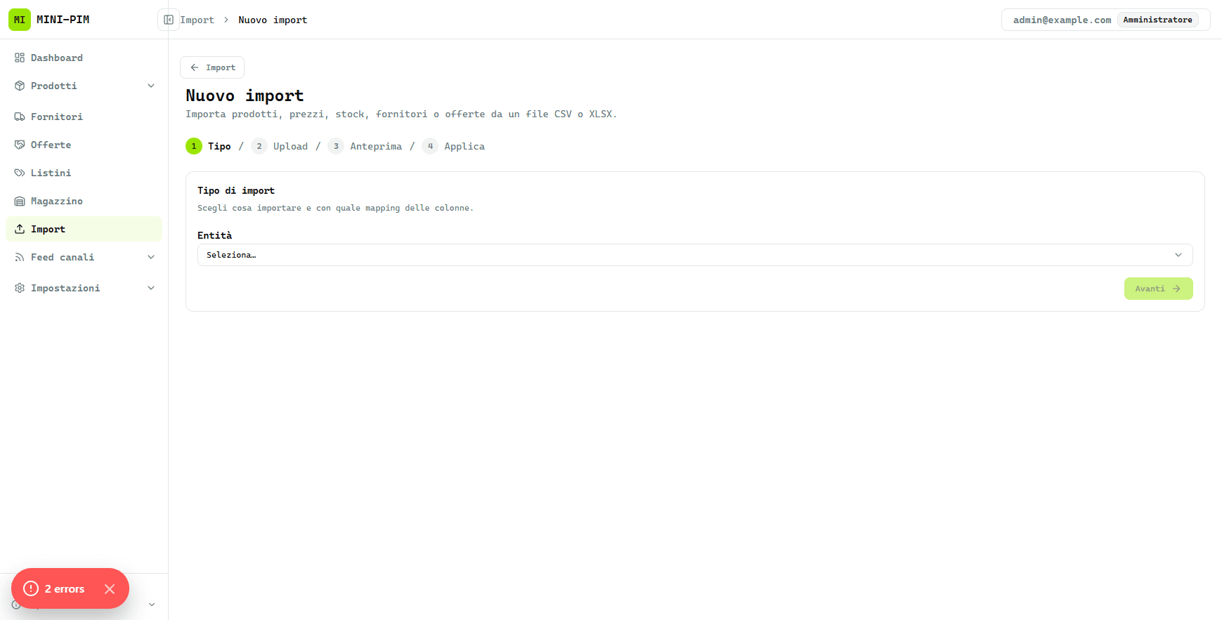 Wizard import CSV/XLSX MiniPIM
