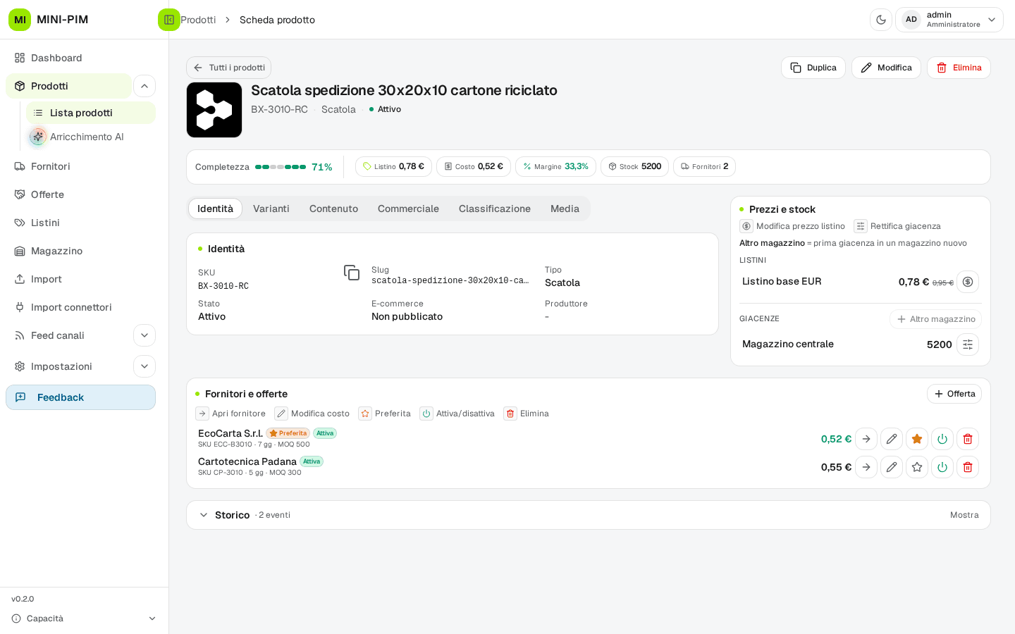Scheda prodotto con listini stock e offerte