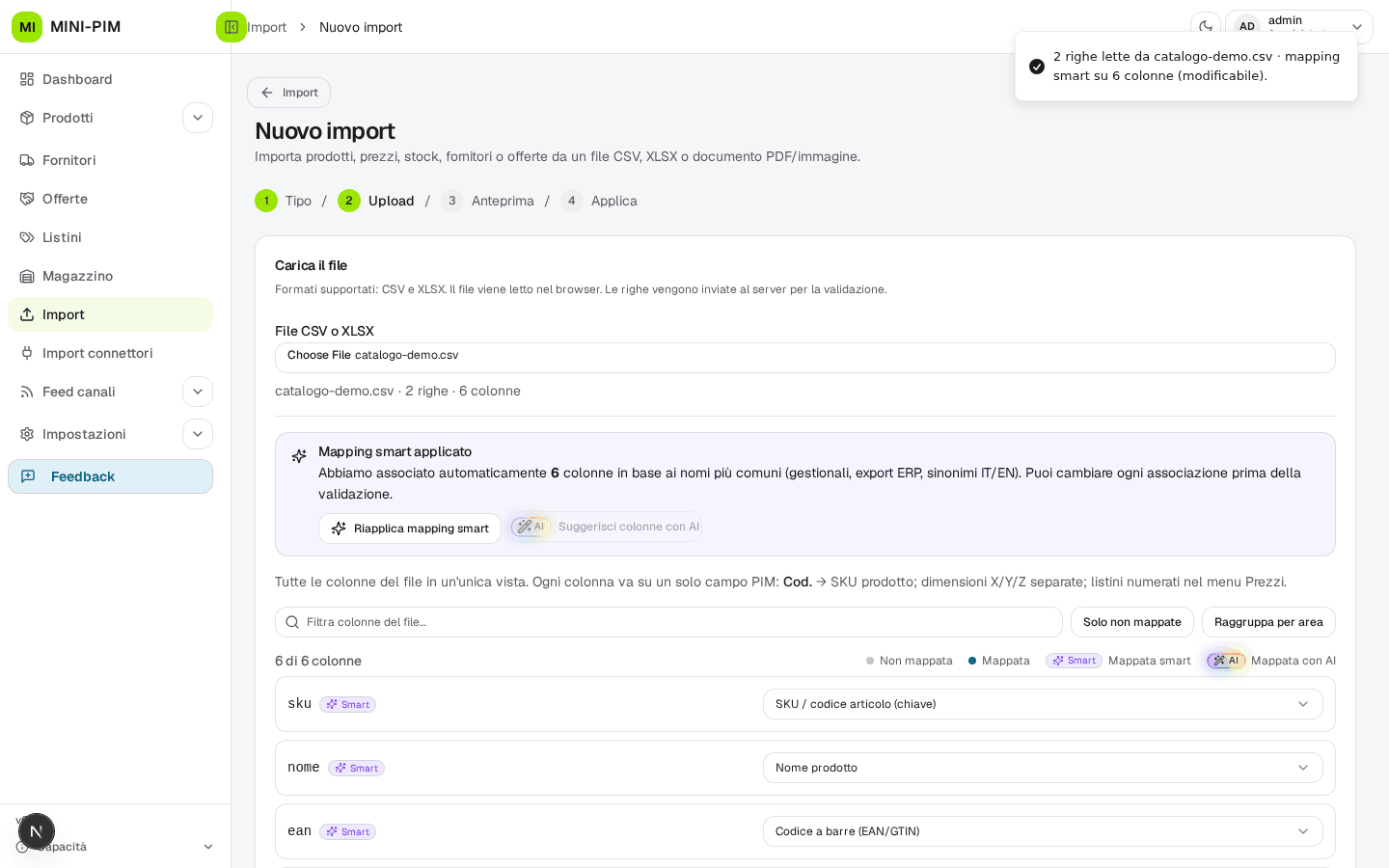 Wizard import CSV/XLSX MiniPIM